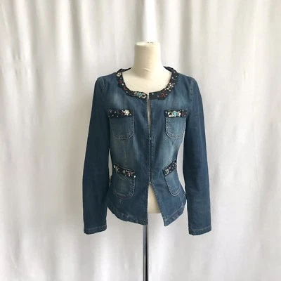 MOSCHINO Jeans  Denim  Collarless Jacket Beading Detail Hook Closure  Size 6 - Image 1 of 4
