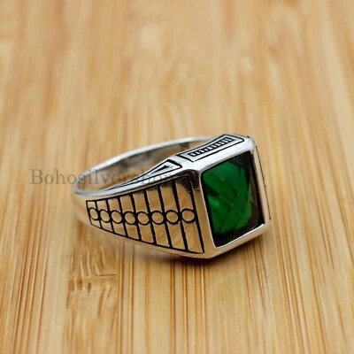 Mens Emerald Rings Turkish Handmade Signet 925 Sterling Silver Jewelry #408 - Image 1 of 4