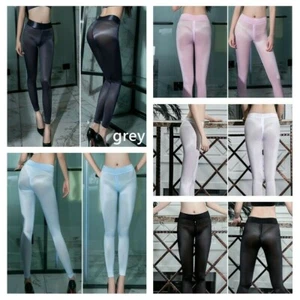 Lady Sexy Oily Pants Trouser Zipper Crotch Sheer Thin Skinny Slim Summer Fashion - Picture 1 of 15