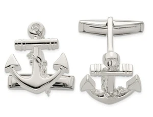Anchor with Chain Cuff Links in Sterling Silver - Picture 1 of 3
