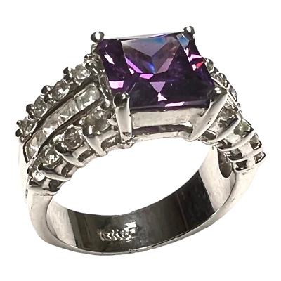 Faux Purple Sapphire Ring Womens Accent Rhinestones 18k White Gold Plated Size 6 - Image 1 of 4