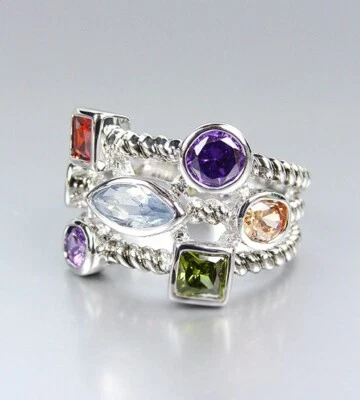 18kt White Gold Plated Garnet Topaz Olive Amethyst Crystals Triple Cable Ring - Image 1 of 4
