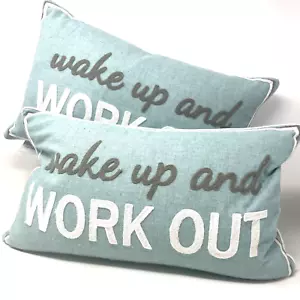 Storehouse Embroidered Throw Pillows Wake Up And Workout 20" x 12" Linen Blend - Picture 1 of 9
