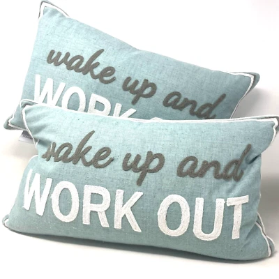Storehouse Embroidered Throw Pillows Wake Up And Workout 20" x 12" Linen Blend - Image 1 of 4