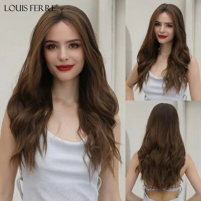 LOUIS FERRE Long Wavy 13*4 Lace Front Synthetic Wigs for Women Dark Brown Middle - Image 1 of 4