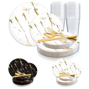 Disposable Plastic Dinnerware Wedding Party Package Marble Stroke Plates Set - Picture 1 of 26