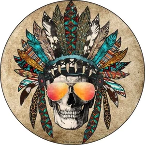 Headress Skull With Aviator Round Circular Metal Sign 12" Home Garage Wall Decor - Picture 1 of 1