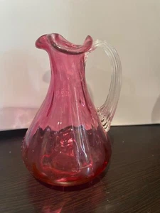 Glass Cranberry Mini Pitcher Ruffled Edge Hand Blown Clear Handle 4.5” - Picture 1 of 6