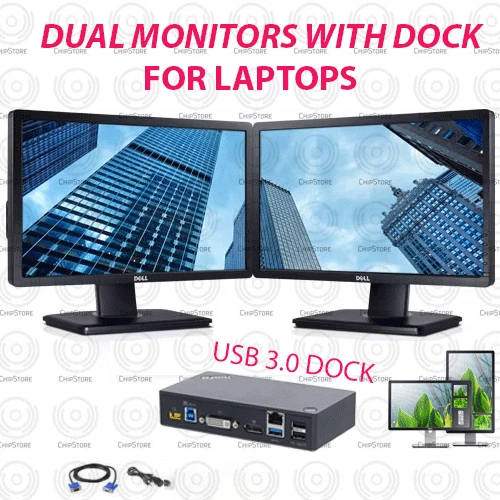 DUAL Dell 22 inch DP DVI LCD Monitors with DOCK & cables FOR LAPTOPS - Image 1 of 1
