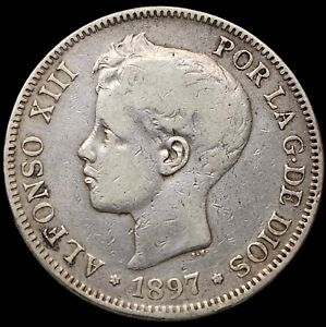 1897 Spain 5 FIVE PESETAS 90% Silver Alfonso XIII KM#707 # 0966