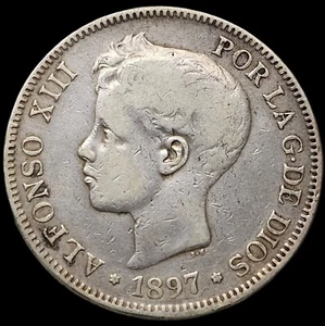 1897 Spain 5 FIVE PESETAS 90% Silver Alfonso XIII KM#707 # 0966 - Picture 1 of 2