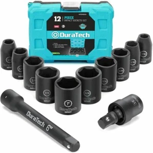 DURATECH 1/2" Dr Impact Socket Set 12PC SAE Sockets Swivel Adapter Extension Bar - Picture 1 of 11