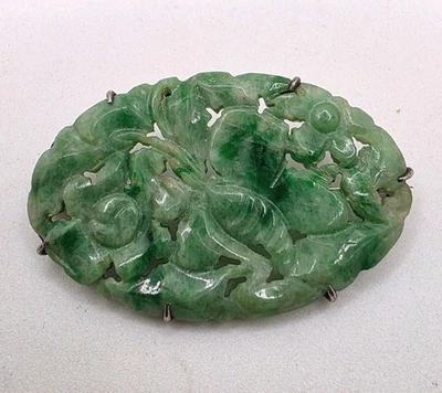 Antique Carved Jade In Sterling Silver Prong Setting Brooch, Floral Design - Image 1 of 4
