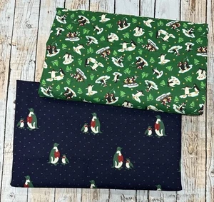 Vtg 2 pc Penguins Fabric Christmas Novelty Chilly Willy Green Navy Blue 3+ Yards - Picture 1 of 20