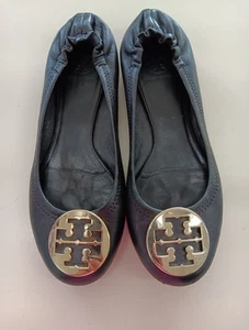 TORY BURCH Reva Ballet Flats Slip On Black Leather Silver Logo Women Sz 7.5 - Picture 1 of 6