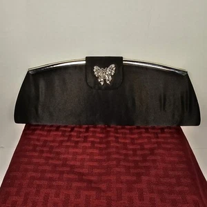 TOVA Beverly Hills Black Satin Evening Clutch Purse with Rhinestone Butterfly - Picture 1 of 15