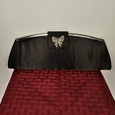 TOVA Beverly Hills Black Satin Evening Clutch Purse with Rhinestone Butterfly - Image 1 of 4