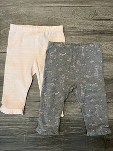 Baby Gap Girls Leggings sz 6 12M Ruffle Trim 2pr Gray Print Pink Stripe Pull On - Picture 1 of 13
