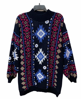 Vintage Clifton Place Bright Neon Navajo Southwestern Chunky Knit Tunic Sweater - Image 1 of 4