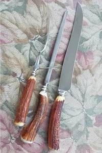 3pc Sheffield England Staghorn Antler Meat Carving Set BEE HIVE Gregory Bros - Picture 1 of 10
