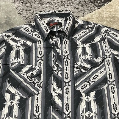 Rock &Roll Denim Western Shirt Men Large Black white Aztec Pearl Snap Striped - Image 1 of 4