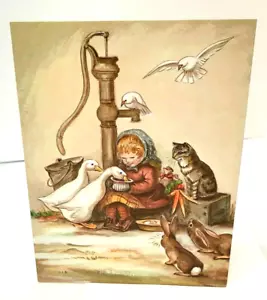 Tasha Tudor Weihnachtskarte (1987) AS 227 Mädchen @ Well Gänse Kaninchen Katze Vögel NEUWERTIG - Bild 1 von 4