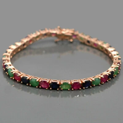 Natural Ruby & Emerald Sapphire Mix Gemstone 925 Sterling Silver Tennis Bracelet - Image 1 of 4