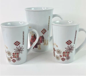 3 Starbucks Holiday Christmas Kaffeebecher rot gold Schneeflocken Häuser 2013 - Bild 1 von 12