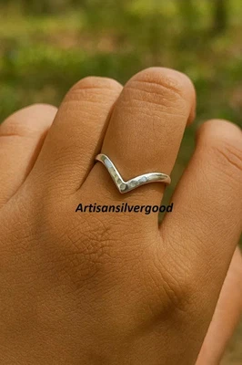 Hammered Sterling Silver Chevron Ring: Boho Stackable Midi Ring All Size - Image 1 of 4