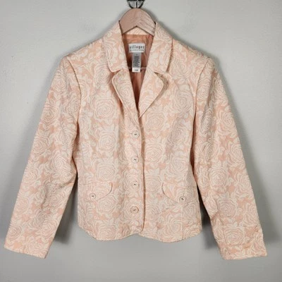 Blazer brocado floral blanco rosa melocotón talla 14 #0380 Villager Liz Claiborne nuevo sin etiquetas Foto 1 de 4