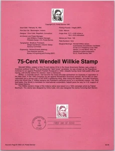 USPS SOUVENIR PAGE 75-CENT WENDELL WILKIE FAMOUS AMERICAN SERIES 1992 - Picture 1 of 1