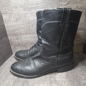 Larry Mahan Black Smooth Ostrich Roper Cowboy Boots Men's SZ 13D USA made EUC - Picture 1 of 24