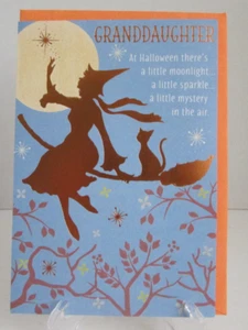 Hallmark Halloween Granddaughter Witch Cat Broom Orange Foil Greeting Card - NEW - Picture 1 of 3