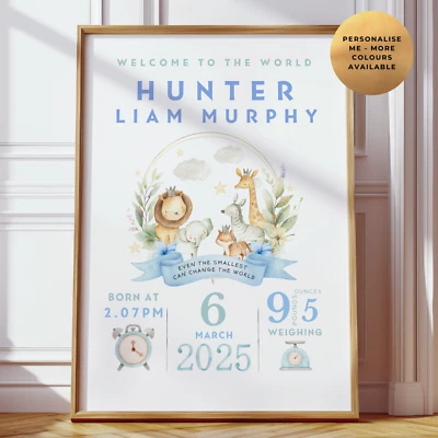 Estampado Personalizado Guardería - Póster Detalles Nacimiento Bebé Safari - Nuevo Regalo Bebé Foto 1 de 4