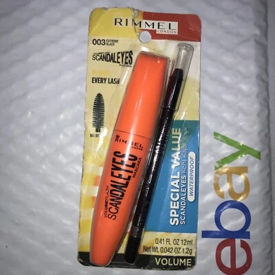 2 Item Lot RIMMEL Volume Flash Scandal Eyes Mascara + Eyeliner 003 EXTREME BLACK - Image 1 of 2