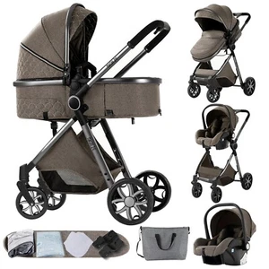 Highend 3 in 1 Kinderwagen Komplett Set Buggy+Babyschale Bett Wickeltasche BRAUN - Bild 1 von 6