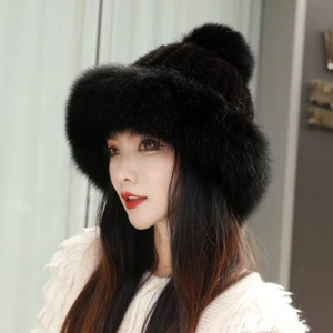 Damenmütze aus echtem Nerzfell Winter warm gestrickt Ohrenschütze Bowler mit Fuchsfellkrempe - Bild 1 von 15