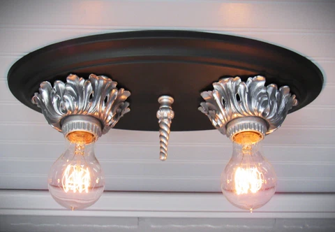 Vintage 1930's Art Deco Flush Mount Black Silver Ceiling Light Restored UL Cover