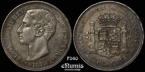 SPANIEN, Alfons XII., 5 Peseten 1875 DE-M, schön getönt, vz+ - Bild 1 von 5