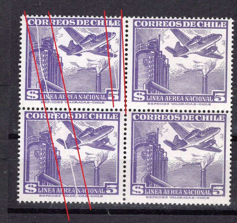 Chile LAN 5p ERROR VARIETY "Natural folded paper" on block of 4 L2 - Image 1 of 1
