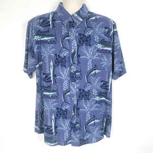 Michael Austin Mens Button Down Shirt L Blue Short Sleeve Marlin Fish Hawaiian - Picture 1 of 10
