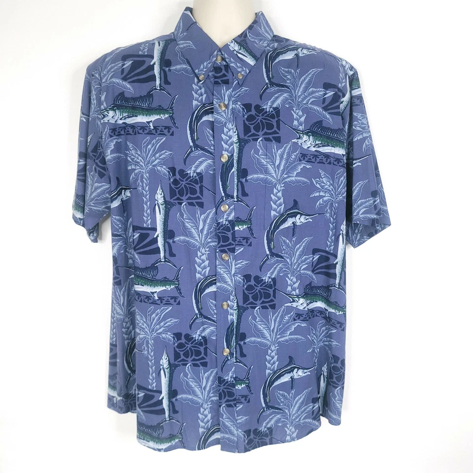 Michael Austin Mens Button Down Shirt L Blue Short Sleeve Marlin Fish Hawaiian - Image 1 of 4