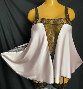 La SENZA Babydoll Nightdress Beige Glossy Satin Poly & Black Floral Lace, UK 14 - Picture 1 of 15