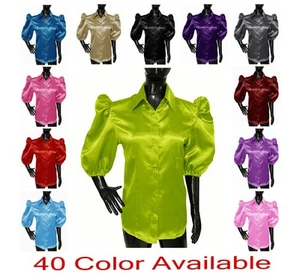 Women Satin Puff 3/4 Short Sleeve Blouse Button Down Shirt Casual Work Wear Top - Picture 1 of 37
