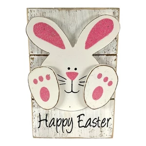 Frohe Ostern weiß und rosa Hase Kaninchen Holz Schild Block 6 Zoll - Bild 1 von 6