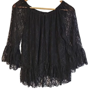 Black Lace Top Whimsigoth Witchy Dark Romantic Fairy Flare Feminine Boho Size M - Picture 1 of 6