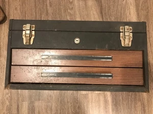 1970's Sears Craftsman Metal / Wood Grain 2 Drawer Tool Box w/ Tray. - Picture 1 of 7