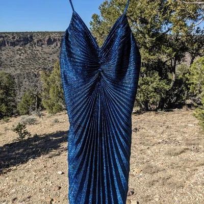Vintage 80s Metallic Blue Pleated Dress Party Evening Travilla-Style Small Disco - Image 1 of 4