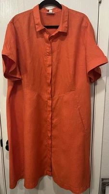 J. Jill Love Linen Orange Button Up Short Sleeve Shirt Dress Midi Pockets Sz 3X - Image 1 of 4