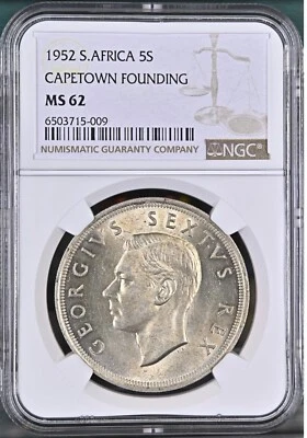 SOUTH AFRICA 5 Shillings 1952, Very Lustrous NGC MS 62 UNC Grade, Pretty. A4 - Image 1 of 2